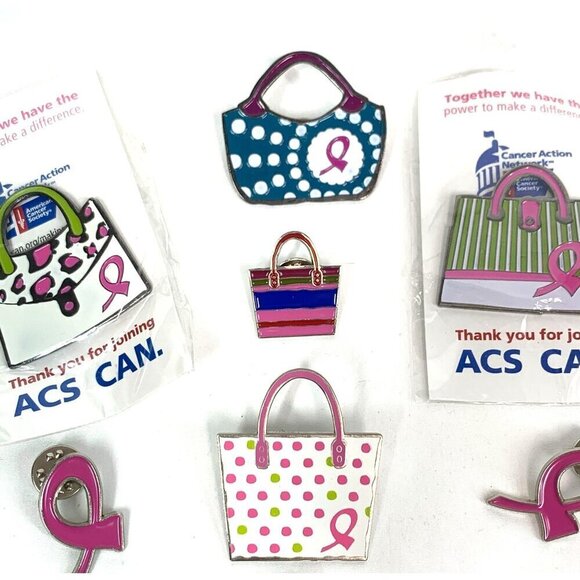 Breast Cancer Awareness Pins Brooches Set of Eight Silver Tone Pink Green Blue - Picture 5 of 6